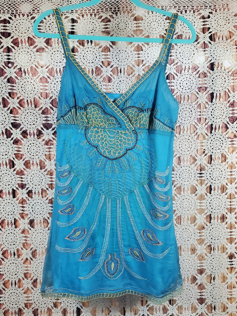 Gorgeous Embroidered Peacock-Detail Aqua Blue Silk Tank Top